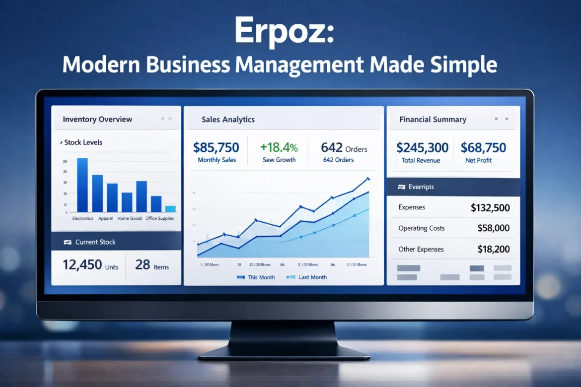 Erpoz cloud-based ERP software dashboard showing inventory tracking, accounting, and sales management for small businesses