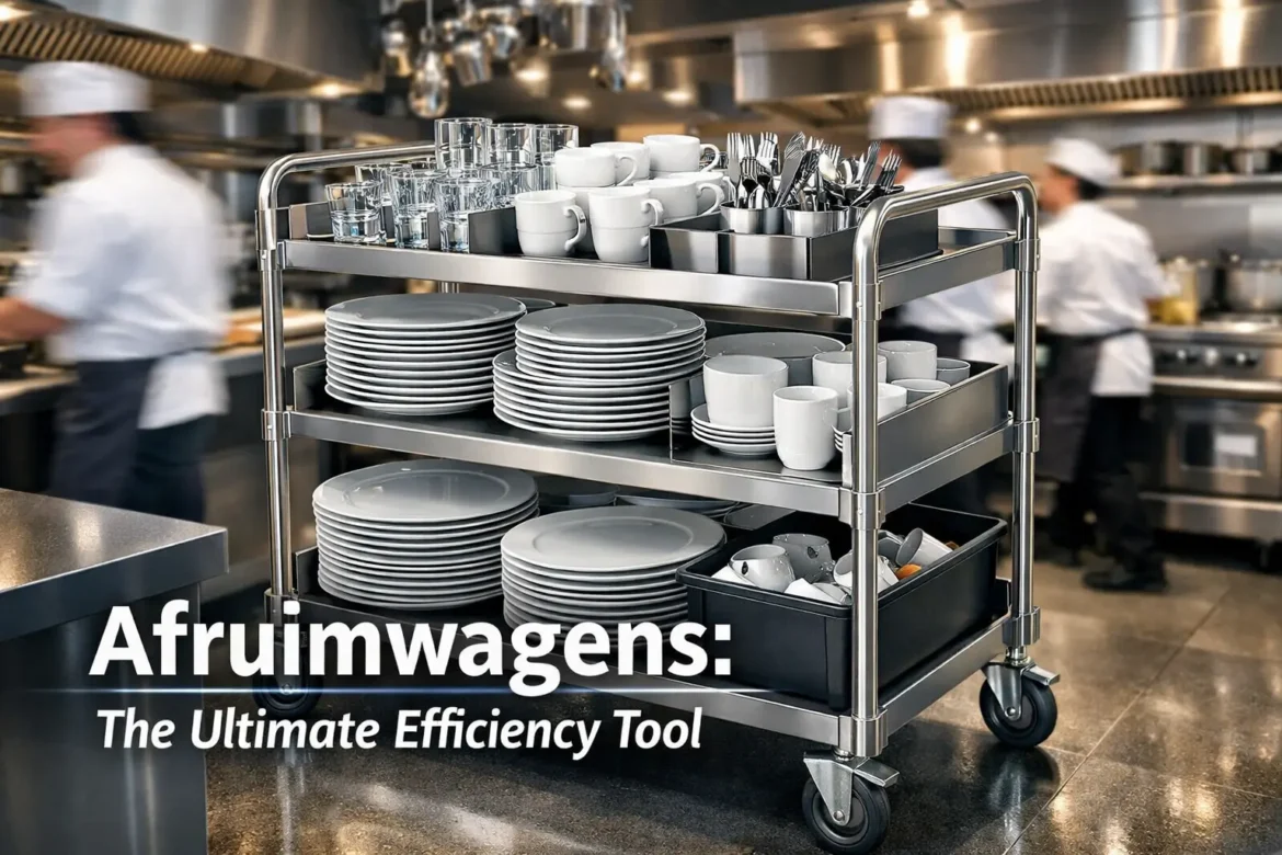 Stainless steel afruimwagen loaded with dishes in busy restaurant kitchen showing efficiency and organization