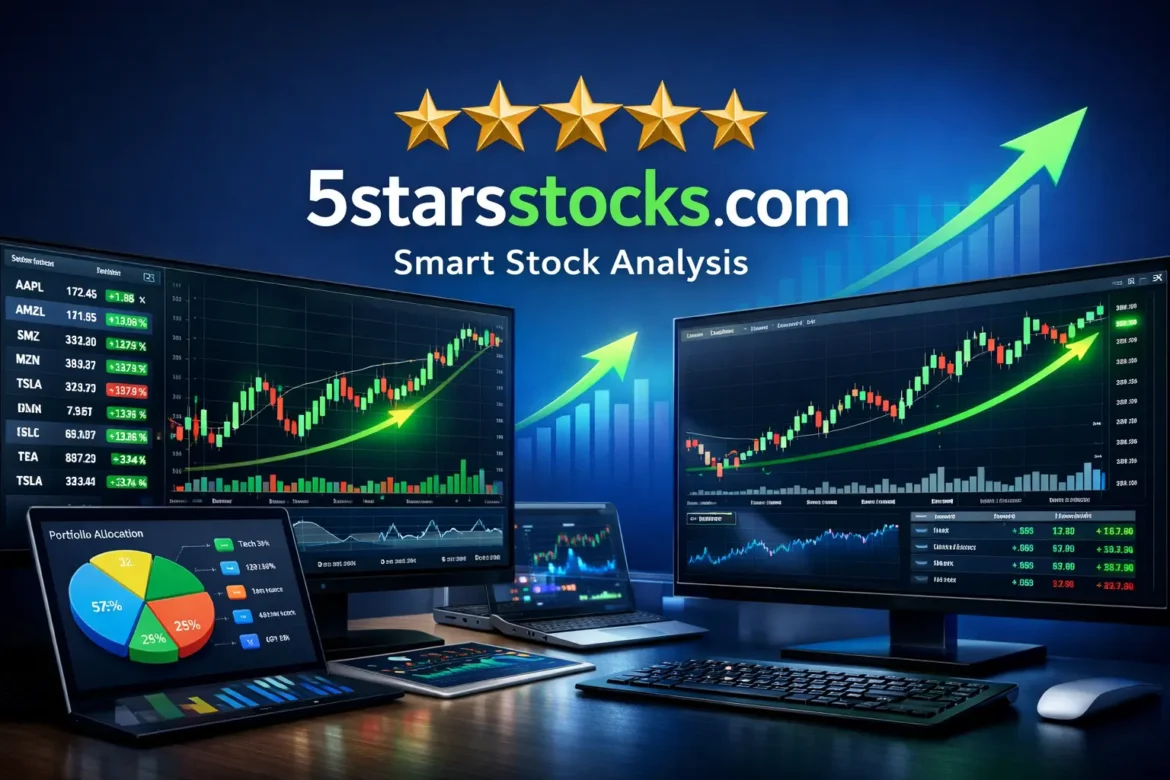 5starsstocks.com stock rating dashboard showing five-star system with market charts and investment categories