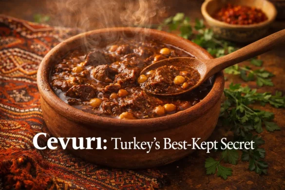 Authentic cevurı traditional Turkish stew with tender lamb chickpeas and aromatic spices in rustic clay pot