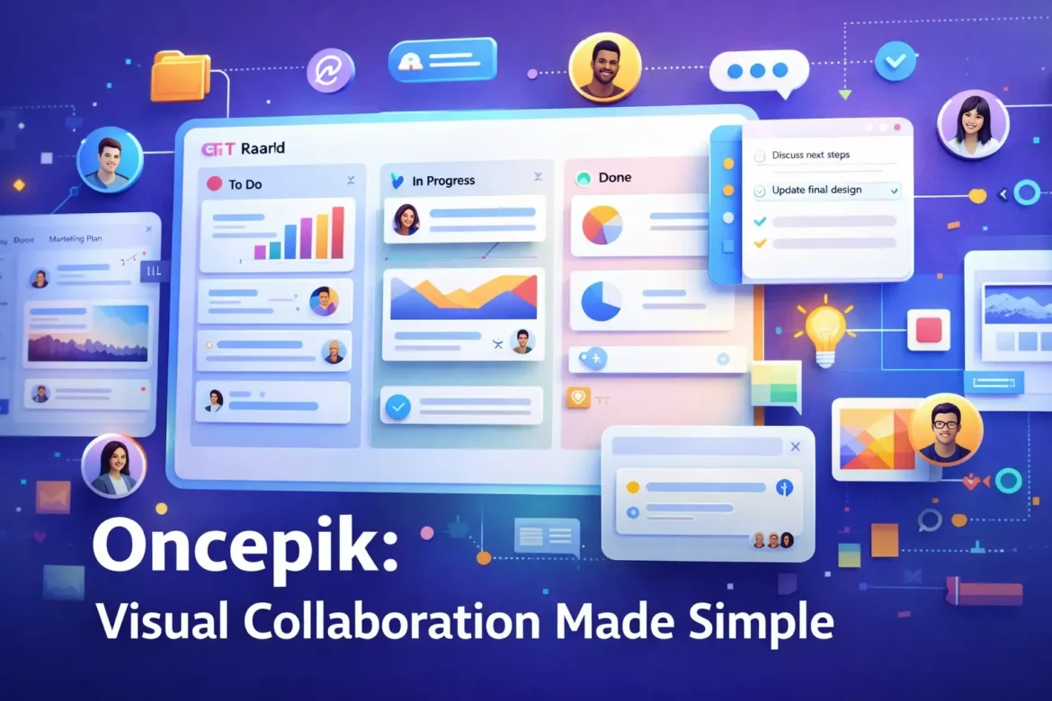 Oncepik digital workspace showing visual boards, task management, and team collaboration features