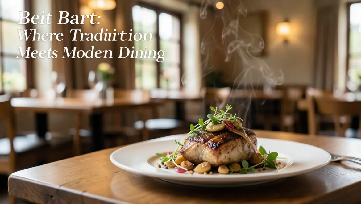 Beit Bart restaurant elegant interior with traditional dishes, modern plating, and warm ambient lighting atmosphere