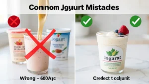 Split comparison showing wrong vs right way to make Joguart drinks - common mistakes with yogurt juice blend preparation UK
