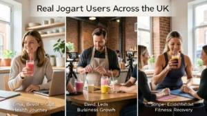 Three diverse UK people enjoying Joguart drinks in different settings - Bristol kitchen, Manchester cafe, Edinburgh gym testimonials