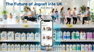 Futuristic wellness concept showing Joguart trend growth with UK retail shelves, digital devices, and community events future vision