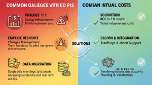 Create a professional, ultra-realistic infographic image (1200x800px) illustrating "Common Challenges with EO PIS" - showing the main obstacles businesses face during implementation with solutions.

MAIN VISUAL CONCEPT:
A problem-solution format showing 3 key challenges on the left side with corresponding solutions/mitigations on the right, connected by transformation arrows or bridge elements.

THE 3 MAIN CHALLENGES TO SHOW:

CHALLENGE 1: HIGH INITIAL COSTS (Top)
   - Icon: Dollar sign with upward arrow or price tag
   - Color: Red (#DC3545) for challenge
   - Visual: Money/budget chart showing investment
   - Symbol: Warning triangle or concern icon
   - Label: "Setup Investment"
   - Detail: "$$ Initial implementation costs"
   - Solution Side: Green checkmark showing "ROI in 12-18 months"

CHALLENGE 2: EMPLOYEE RESISTANCE (Middle)
   - Icon: People/team icon with question marks or crossed arms
   - Color: Orange (#FF6B35) for challenge
   - Visual: Confused employees or change management illustration
   - Symbol: Resistance/barrier icon
   - Label: "Change Management"
   - Detail: "Team hesitation to adopt new systems"
   - Solution Side: Green checkmark showing "Training & Support"

CHALLENGE 3: DATA MIGRATION (Bottom)
   - Icon: Database with transfer arrows or files moving
   - Color: Yellow (#FFC107) for challenge
   - Visual: Legacy systems transferring to new platform
   - Symbol: Complex network or tangled wires
   - Label: "Legacy Integration"
   - Detail: "Transferring historical data accurately"
   - Solution Side: Green checkmark showing "Planning & Validation"

LAYOUT STRUCTURE:

Left Side (Challenges):
- Red/orange/yellow gradient background
- Challenge icons with warning symbols
- Problem descriptions
- Visual barriers or obstacles

Center (Transformation):
- Bridge or arrow showing transition
- "Solutions" text in middle
- Dotted line or path showing journey

Right Side (Solutions):
- Green/blue gradient background
- Solution icons with checkmarks
- Positive outcomes
- Success indicators

DESIGN ELEMENTS:
- Split screen design: challenges (left) vs solutions (right)
- Connecting arrows or bridges between problems and solutions
- Before/after visual comparison
- Clean, modern business illustration style
- Balance of concern (left) and optimism (right)

SUPPORTING VISUAL ELEMENTS:
- Small calendar icon showing "12-18 months" timeline
- Percentage symbols showing ROI metrics
- Team collaboration icons
- Data transfer animation indicators
- Success metrics graphs

TEXT ELEMENTS:
- Main title: "Common Challenges with EO PIS" at top (Bold, 52pt, Dark Gray)
- Section labels: "Challenges" (left) and "Solutions" (right)
- Challenge titles: Clear, bold (24pt)
- Descriptions: Concise (16pt)
- Stats/timeline: "ROI: 12-18 months" (18pt, highlighted)
- Optional bottom tagline: "Every Challenge Has a Solution"

TECHNICAL SPECS:
- Size: 1200x800px (landscape orientation)
- Resolution: 300 DPI, ultra HD quality
- Format: PNG with white or gradient background
- Mobile-optimized with high contrast
- No watermarks or stock imagery
- Professional business illustration style
- Balanced composition (50/50 split or 40/60 challenge/solution)

COLOR PALETTE:
Challenges Side:
- Challenge 1: Red (#DC3545)
- Challenge 2: Orange (#FF6B35)
- Challenge 3: Yellow (#FFC107)
- Background: Light red/orange gradient (#FFF5F5)

Solutions Side:
- Success Green: (#28A745)
- Trust Blue: (#0A2463)
- Background: Light green/blue gradient (#F0FFF4)

Neutral Elements:
- Text: Dark Gray (#333333)
- Divider: Medium Gray (#999999)
- Arrows: Gradient from red to green

STYLE APPROACH:

Option A (Split Screen):
Left half showing challenges with concerned colors
Right half showing solutions with positive colors
Central divider with transformation arrows

Option B (Roadblock to Success):
Challenges as roadblocks/obstacles in path
Solutions as bridges/pathways over obstacles
Journey from left (problems) to right (success)

Option C (Balanced Scale):
Scale/balance showing challenges on one side
Solutions/benefits outweighing on other side
Visual metaphor of overcoming obstacles

MOOD & ATMOSPHERE:
- Honest but optimistic
- Professional and realistic
- Problem-solving focused
- Balanced (acknowledging difficulties while showing solutions)
- Encouraging and actionable
- Business-appropriate and trustworthy