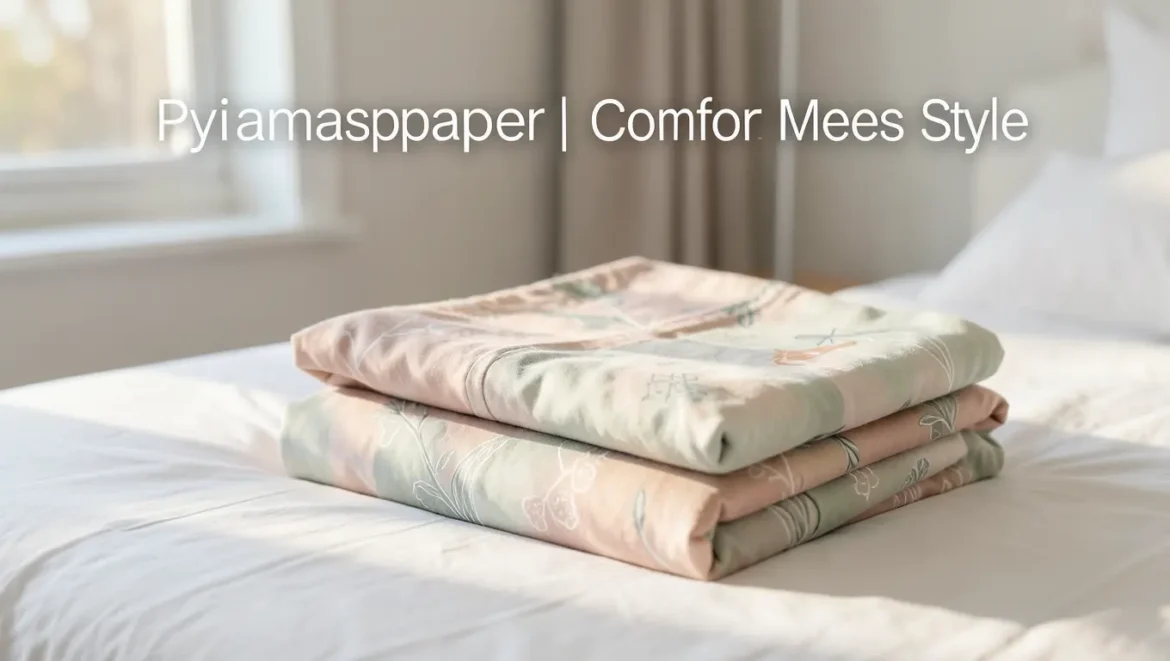 Pyjamaspapper comfortable sleepwear with creative patterns displayed on bed with soft lighting and cozy atmosphere