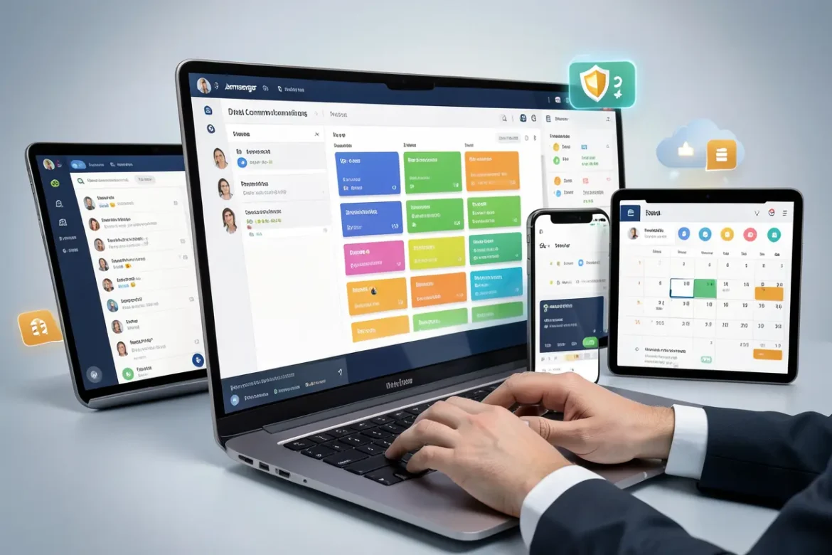 Jernsenger platform interface featuring real-time messaging, task management, file sharing, and secure collaboration tools