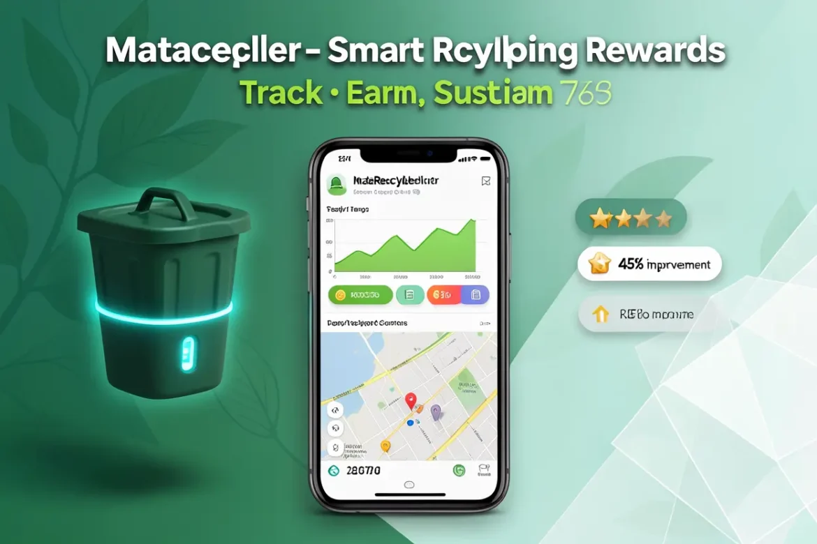 MataRecycler waste management app interface showing smart tracking dashboard, recycling rewards points, and eco-friendly sustainability features