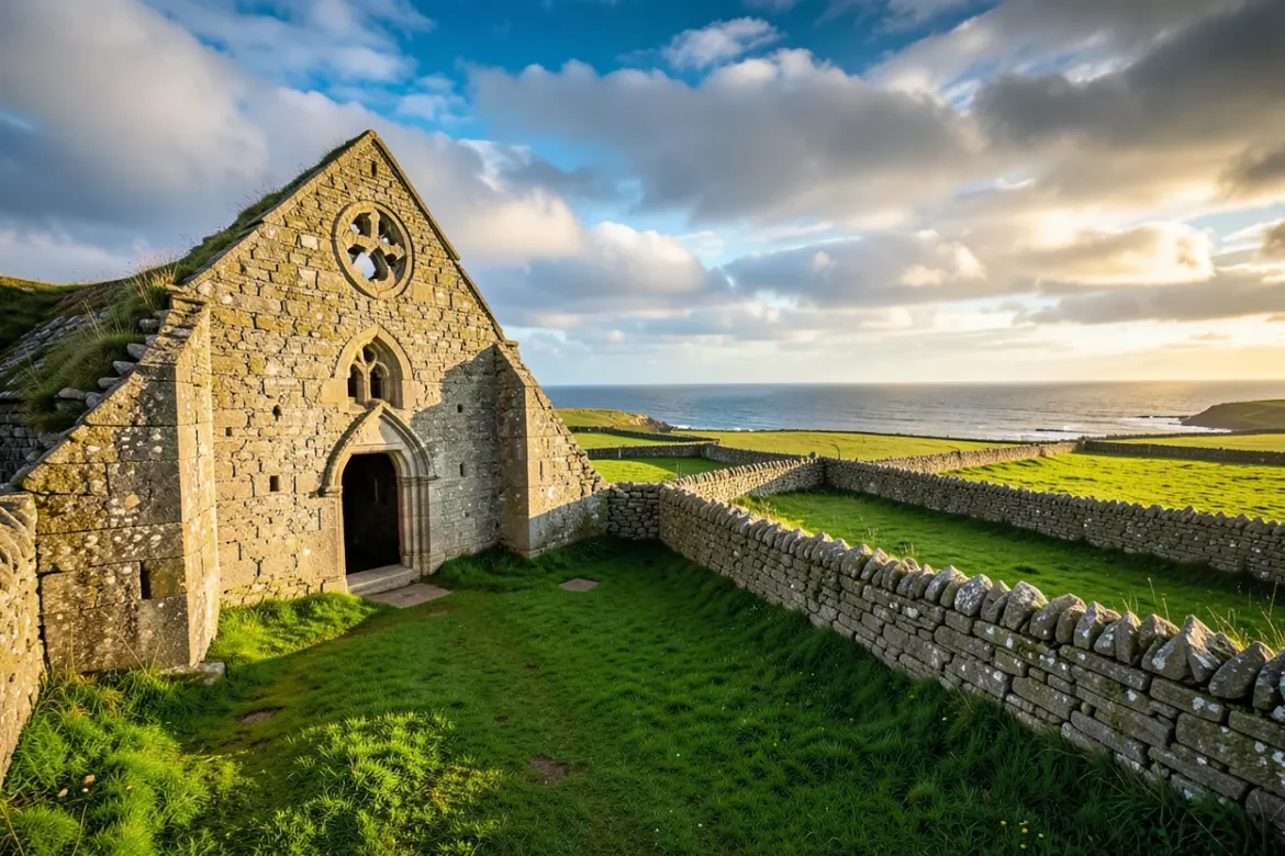 Teren Cill 12th-century stone church ruins with Celtic cross on Ireland's Aran Islands coastal landscape