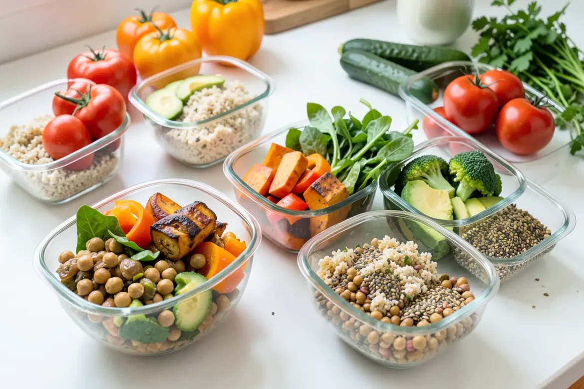 Veganovies com inspired colorful vegan meal prep bowls with quinoa, vegetables, chickpeas and fresh herbs