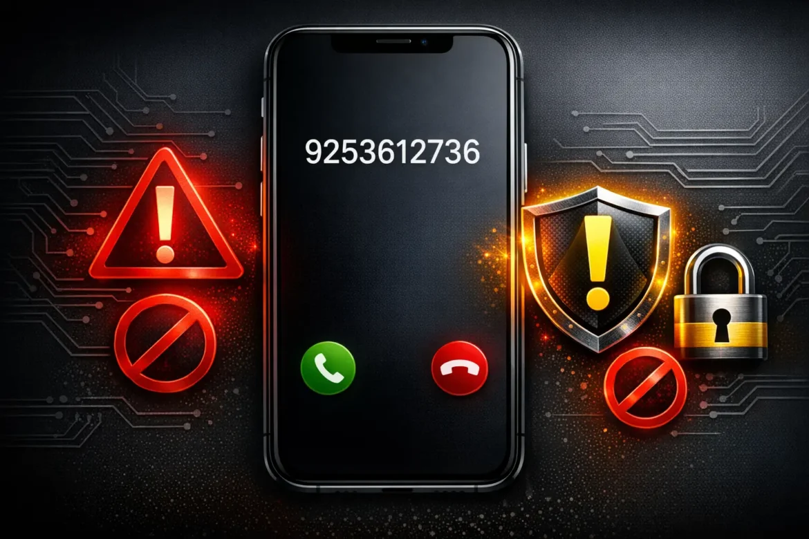 9253612736 phone scam warning showing smartphone screen with unknown caller and red alert symbols