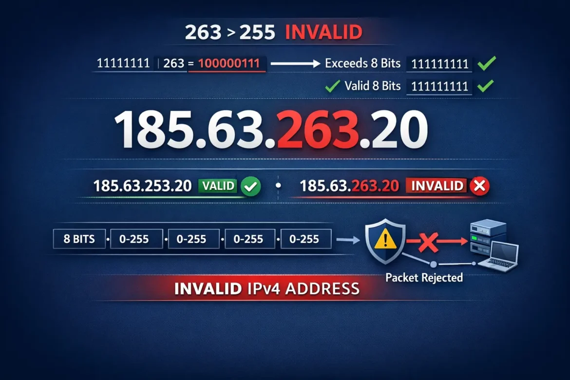 185.63.263.20 invalid IP address showing third octet exceeding IPv4 limit of 255 with network security warnings