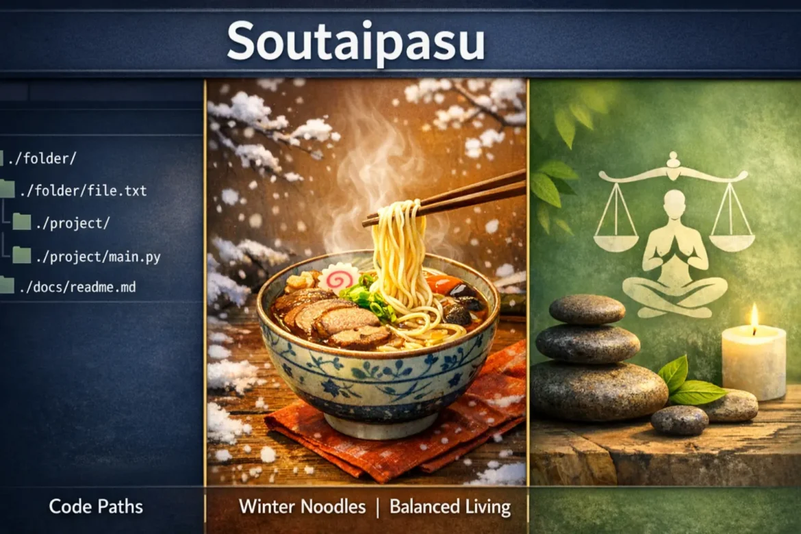Soutaipasu concept showing programming paths, Japanese noodle bowl, and balanced lifestyle symbols in clean infographic