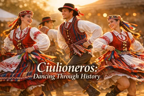 Ciulioneros dancers in colorful traditional costumes performing synchronized folk dance movements