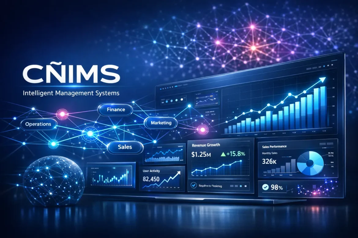 Modern cñims dashboard showing real-time data analytics, AI automation controls, and intelligent management interface for enterprise operations