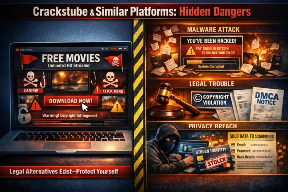Crackstube safety warning showing cyber security threats, legal risks, and malware dangers from questionable streaming sites