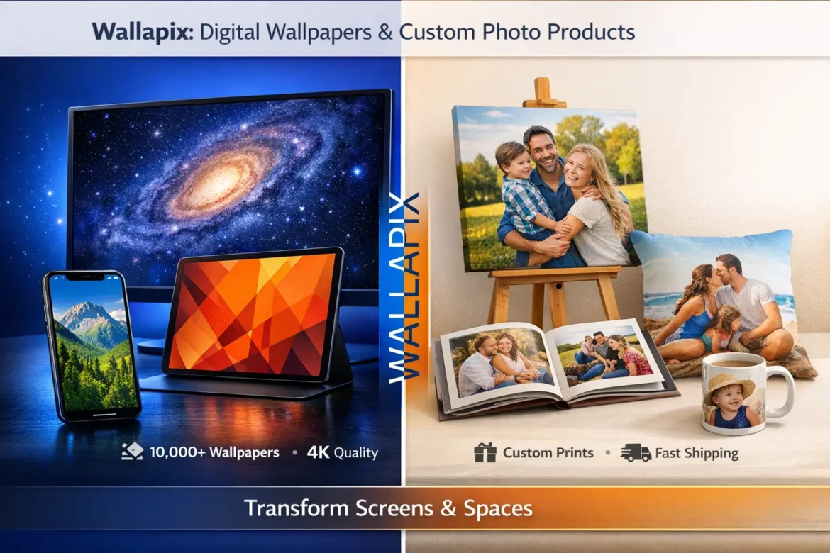 Wallapix showing dual services - 4K digital wallpapers for devices and custom photo prints for home decor products
