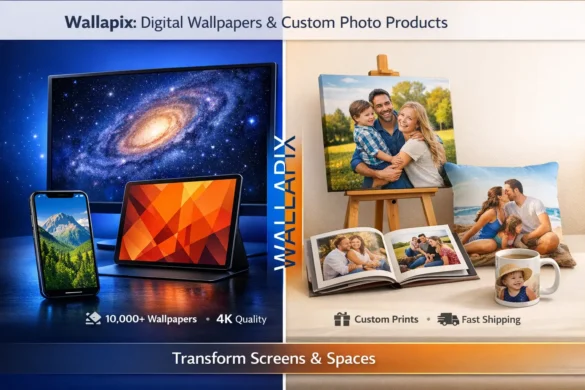 Wallapix showing dual services - 4K digital wallpapers for devices and custom photo prints for home decor products