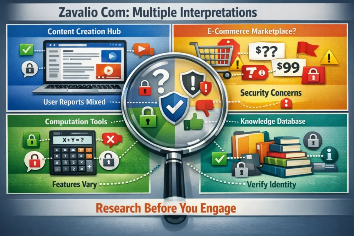 Zavalio com showing multiple platform interpretations including content creation, e-commerce, and digital tools features