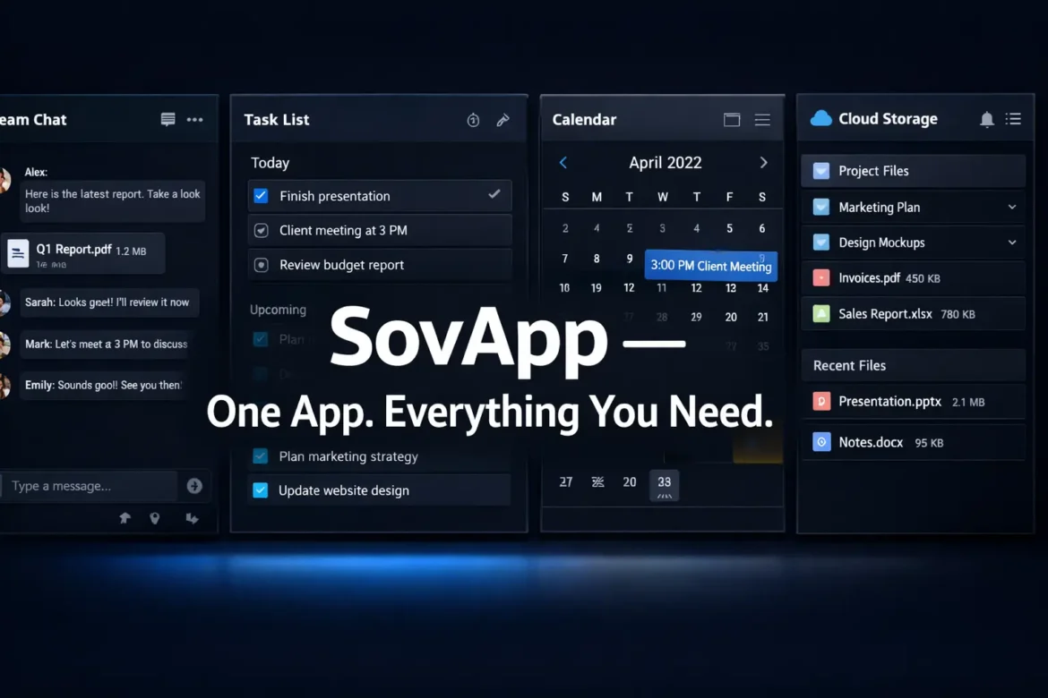 SovApp dashboard showing chat, tasks, and file storage in one unified workspace — productivity app for teams