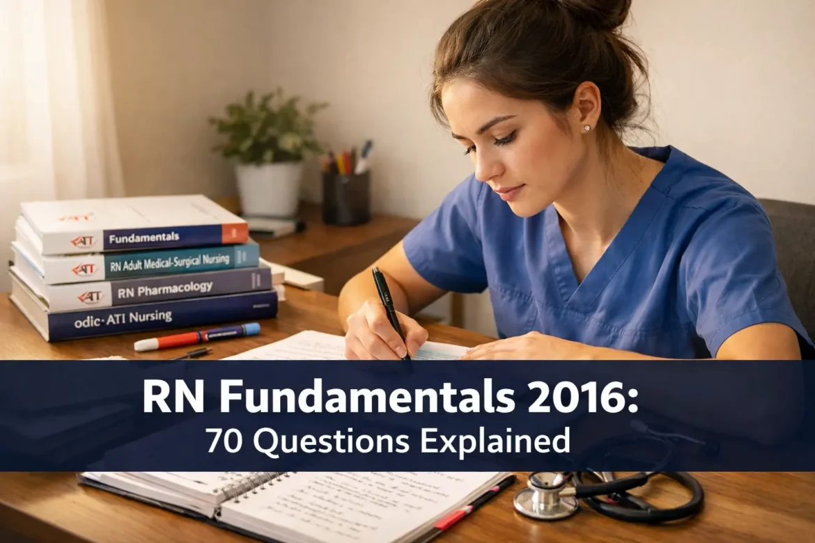 Nursing student studying for RN fundamentals 2016 70 questions exam with textbooks and handwritten notes