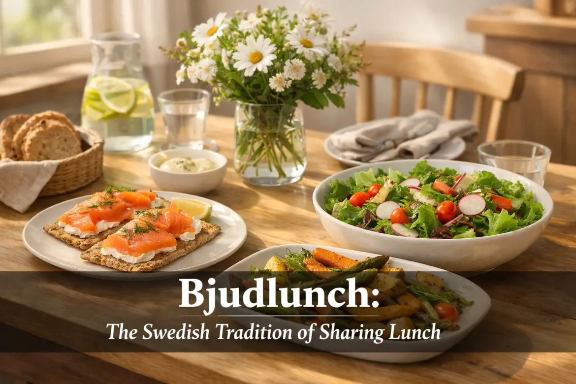 A beautifully set bjudlunch table with Swedish-inspired dishes, fresh salad, and warm natural lighting indoors