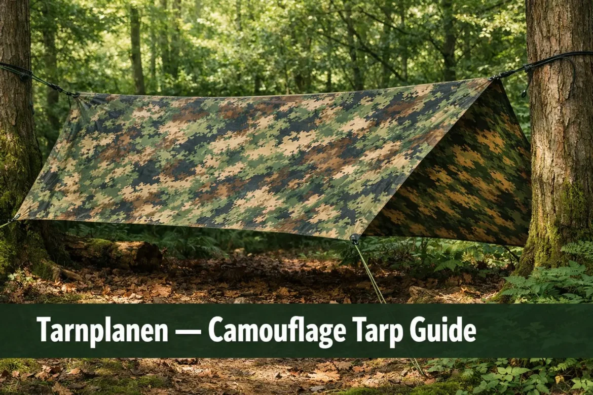 Tarnplanen camouflage tarp rigged as a rain shelter between trees in a forest camping environment with natural woodland background