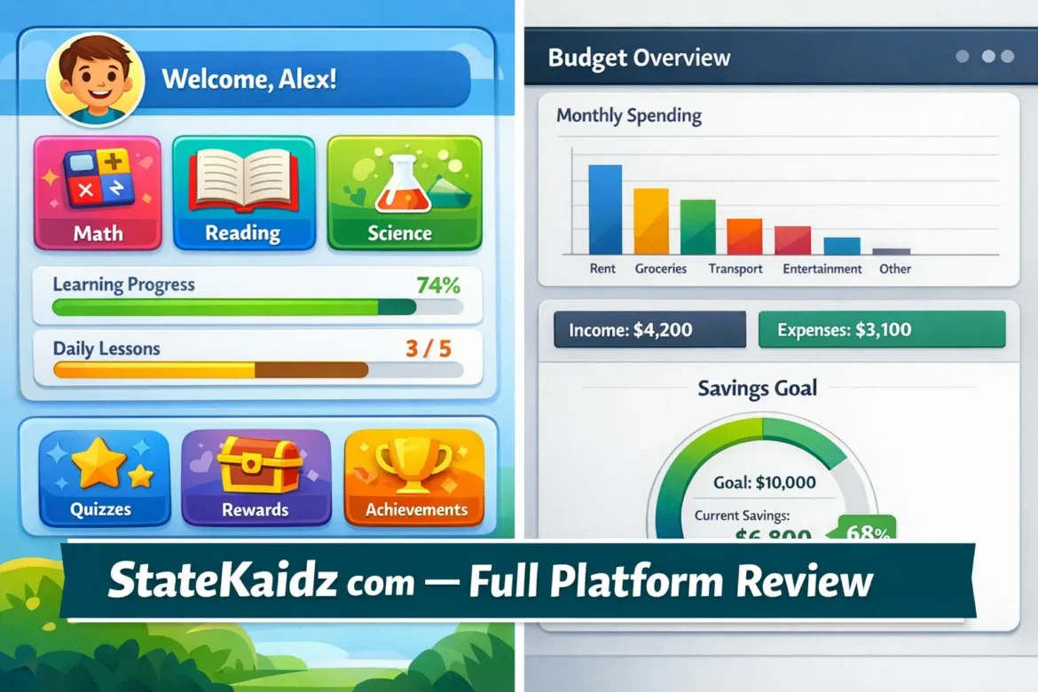StateKaidz com platform interface showing educational tools for kids and personal finance features for adults on a laptop screen