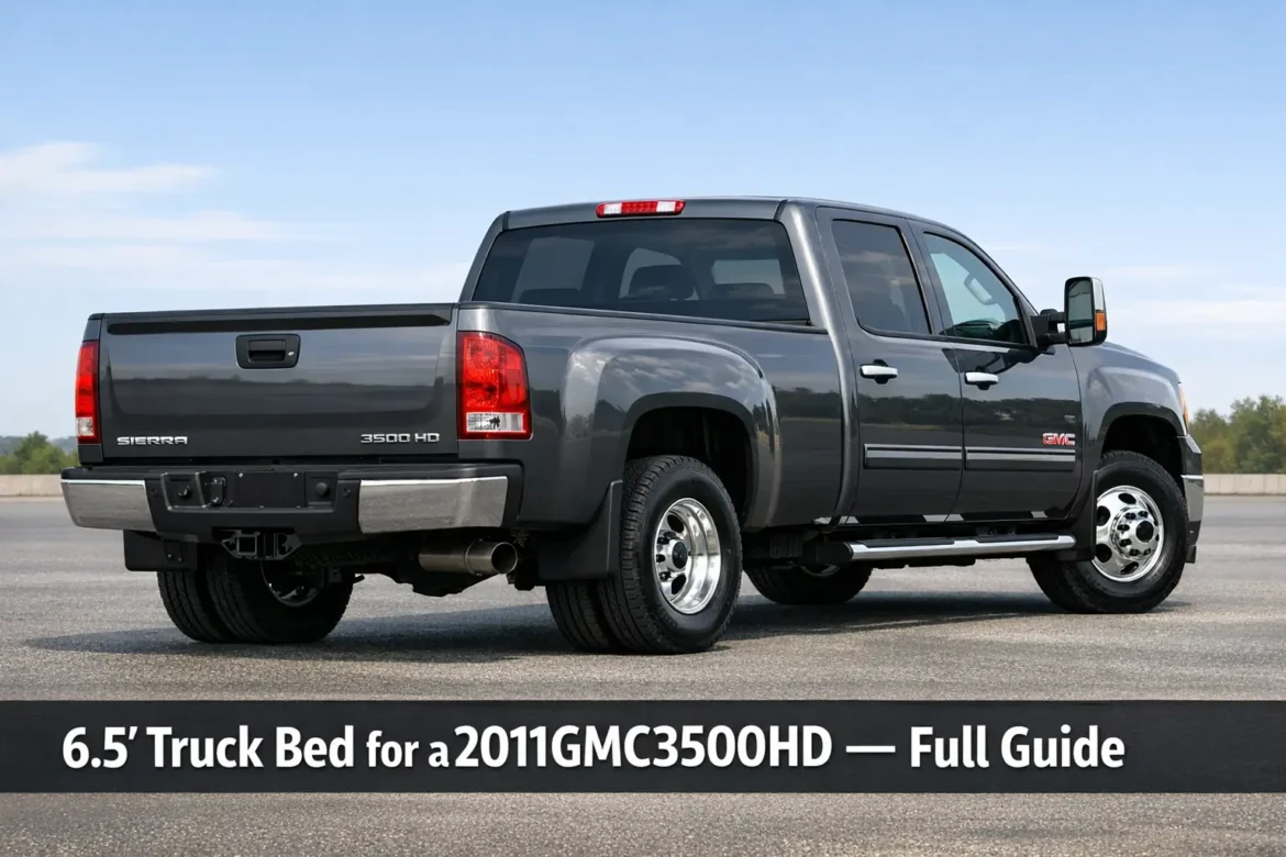 6.5 foot truck bed for a 2011 GMC Sierra 3500HD showing bed dimensions cab corner fit and tailgate on a heavy duty pickup