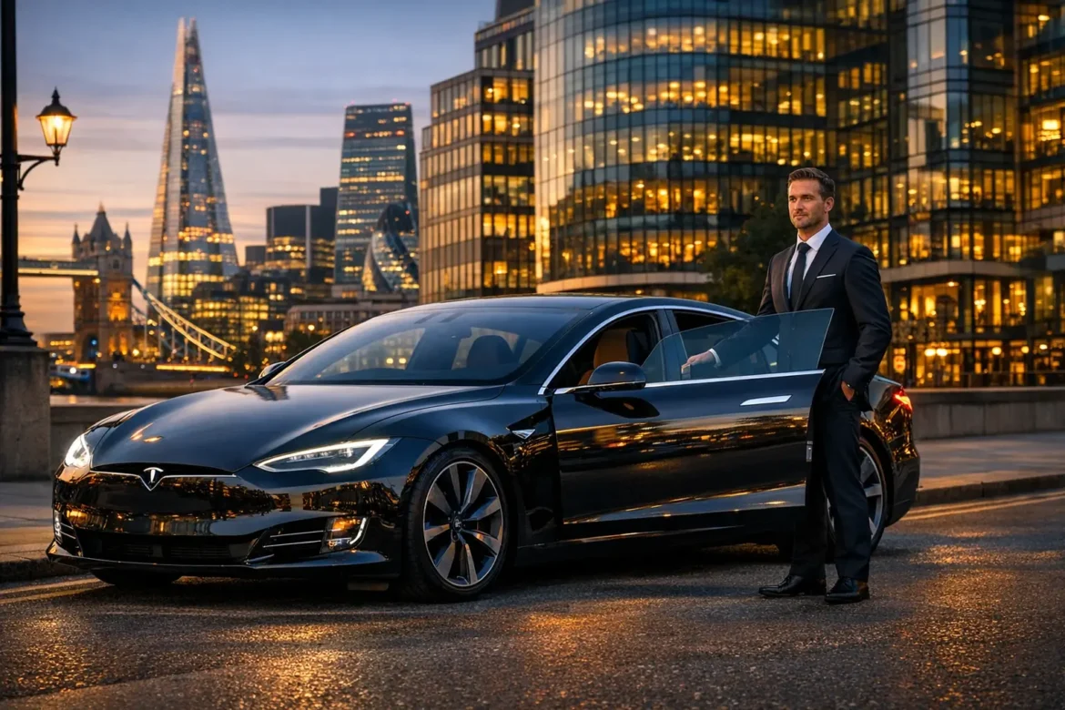 Jipinfeiche premium smart mobility concept showing a luxury electric vehicle with professional driver in a modern UK urban setting