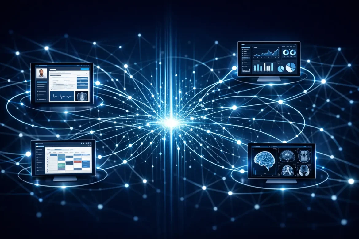 Betanden concept showing interconnected digital systems and health information platforms working together in a modern network interface