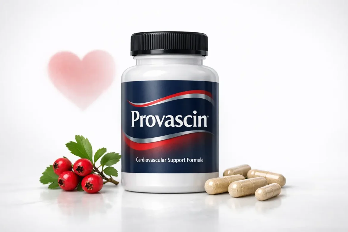 Provascin supplement bottle with cardiovascular health support ingredients including L-arginine CoQ10 and hawthorn berry for circulation