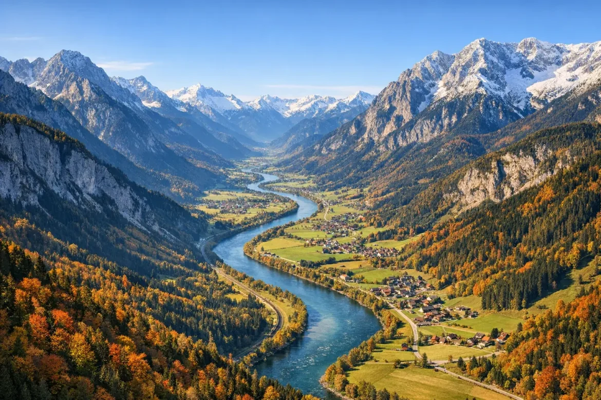 Enntal alpine valley in Austria showing the Enns River winding through limestone peaks of the Gesäuse National Park in autumn