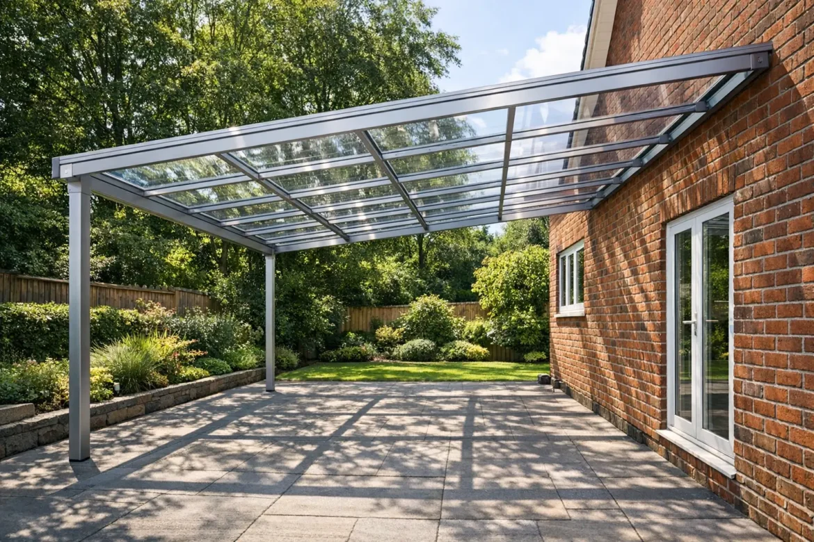 Acryldach acrylic roofing panels installed on a modern UK carport showing clear panel transparency and aluminium frame structure