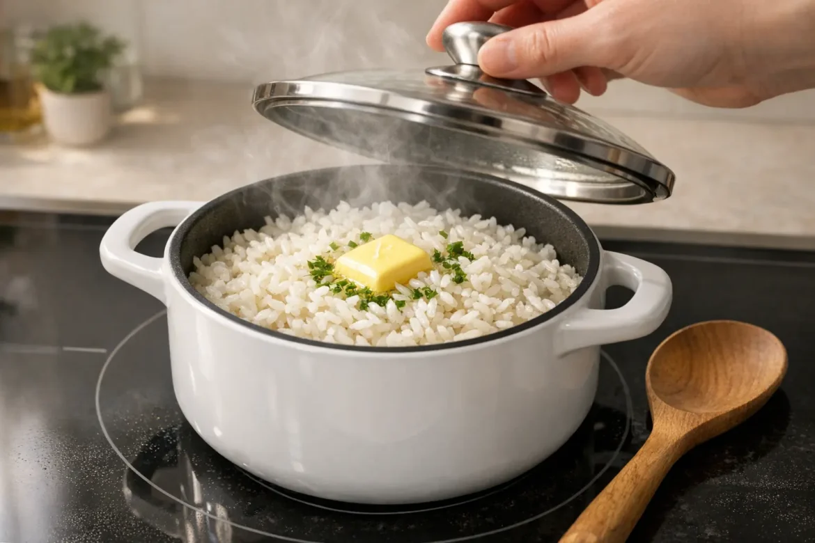 Dampfreis German steamed rice in a saucepan with lid showing perfectly cooked fluffy individual grains ready to serve