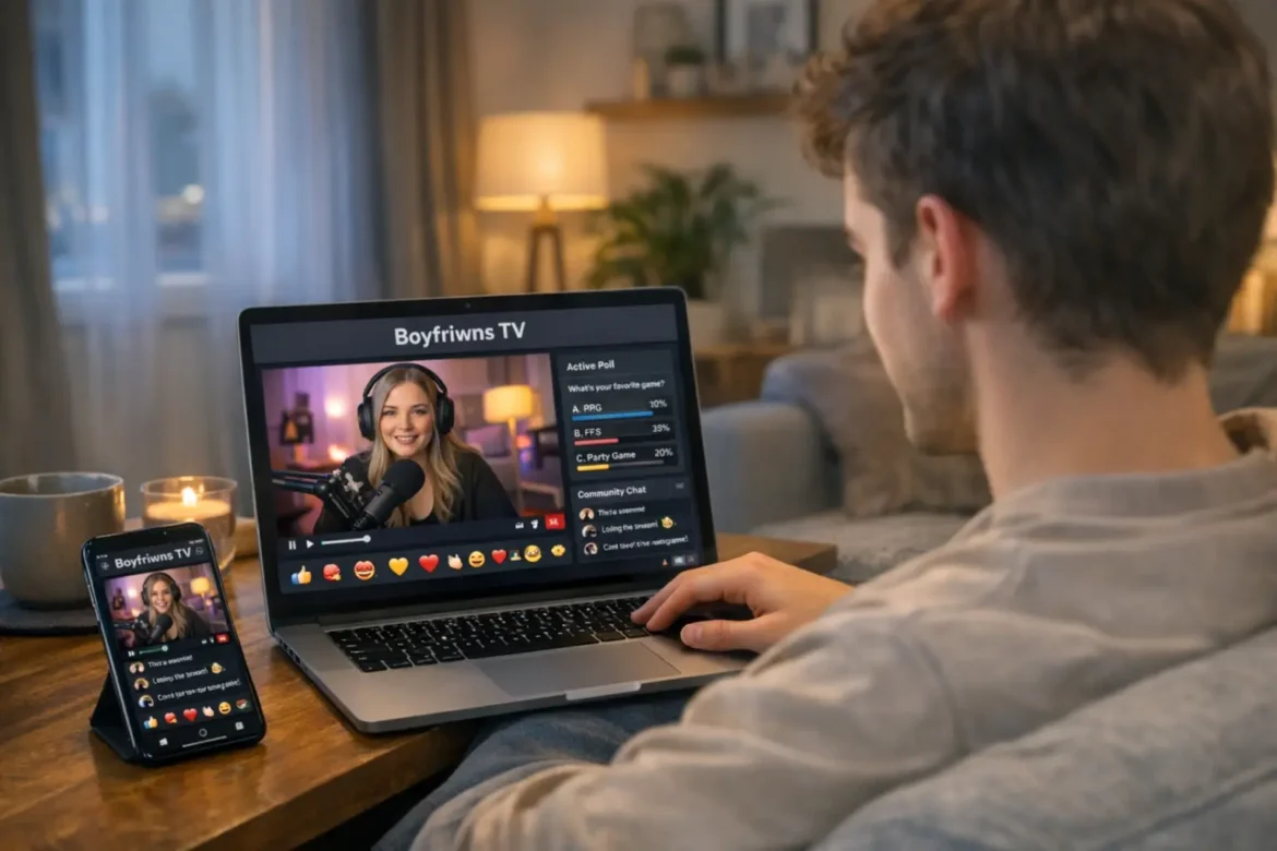 Boyfriwns TV interactive streaming platform shown on laptop and mobile with UK creator community content and live viewer participation tools