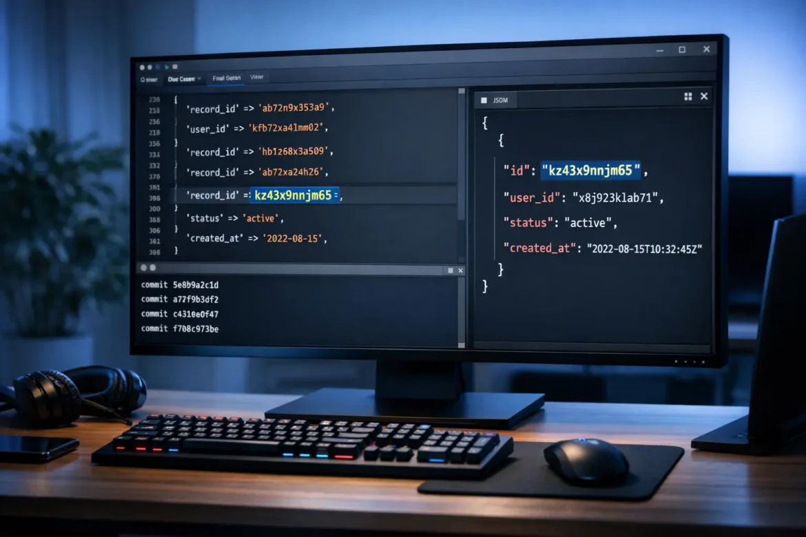 kz43x9nnjm65 alphanumeric identifier string shown in a code editor database and API response context for software systems