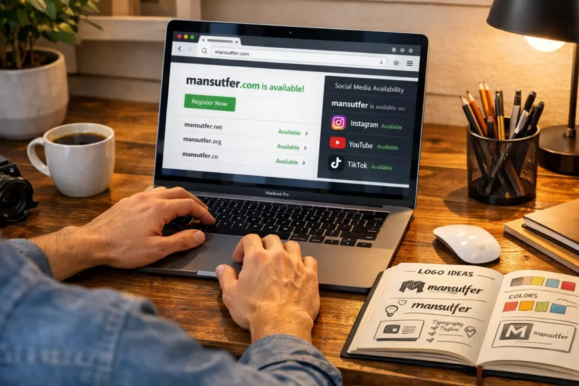 Mansutfer digital identity and branding concept shown on a laptop screen with username availability and domain registration tools for US creators