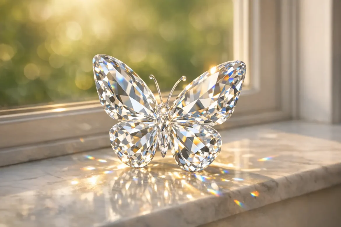 Crystal butterfly gift symbolizing transformation hope and remembrance shown catching natural light on a windowsill in warm sunlight