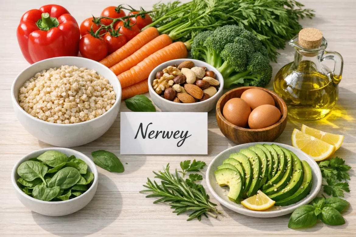 Nerwey nutrition philosophy shown through balanced whole foods meal preparation with fresh vegetables, grains, and protein on a clean kitchen surface