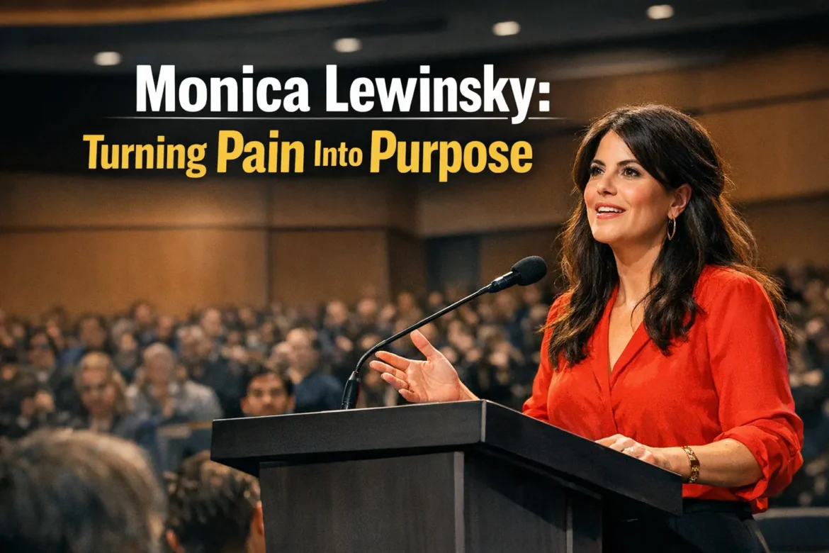 Monica Lewinsky speaking at a public event about cyberbullying awareness and online harassment prevention