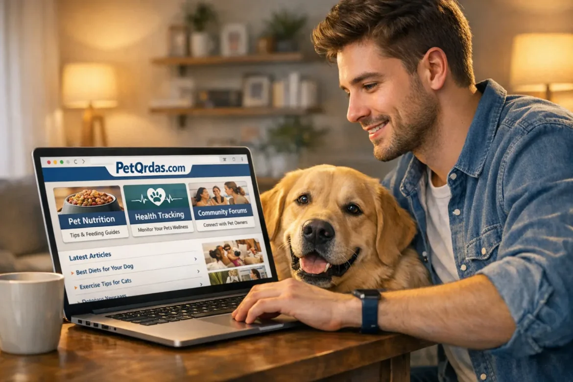 PetQrdas.com pet care platform on laptop with US pet owner and dog reviewing nutrition health tracking and community resources for animal care