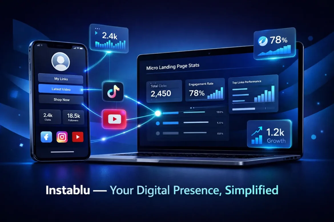 Instablu platform dashboard shown on smartphone and laptop with social media integrations, analytics cards, and blue gradient digital design for online presence management