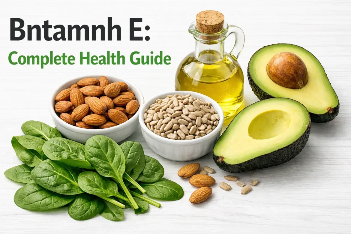 Bntamnh E vitamin E sources including almonds, seeds, spinach, and avocado on a clean surface, representing antioxidant health support
