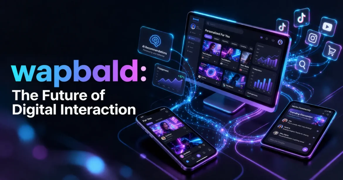 wapbald digital interaction concept showing futuristic UI, personalized content feeds, and connected platforms with glowing data lines