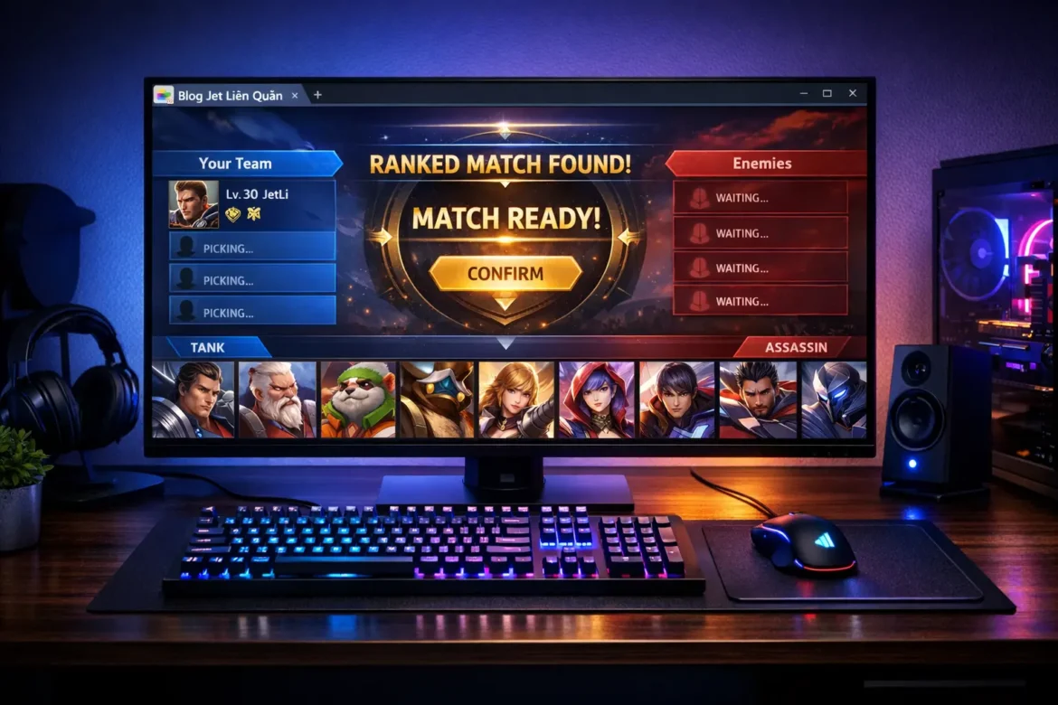 Blog jet liên quân Arena of Valor hero tier list builds and ranked climbing strategy guide shown on gaming setup screen 2026