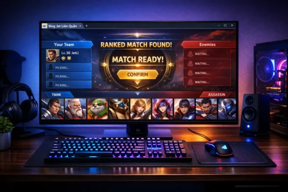 Blog jet liên quân Arena of Valor hero tier list builds and ranked climbing strategy guide shown on gaming setup screen 2026