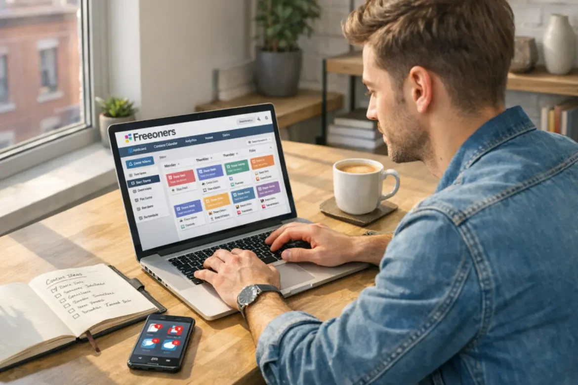 Freeoners UK digital creator lifestyle showing free content creation tools laptop workspace and creator platform community for independent online workers