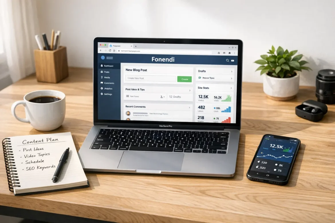 Fonendi digital content creation and blogging concept shown on US creator laptop workspace with analytics dashboard and publishing tools